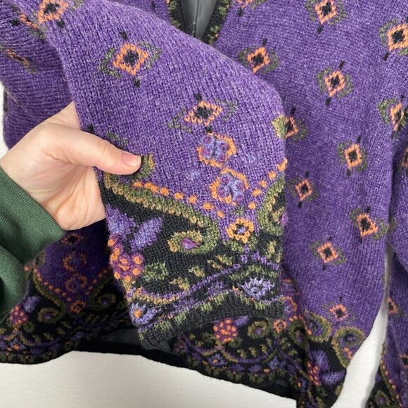 Icelandic Design 100% Wool Purple Floral Nordic Style Zip Jacket Size: Medium - Picture 6 of 11